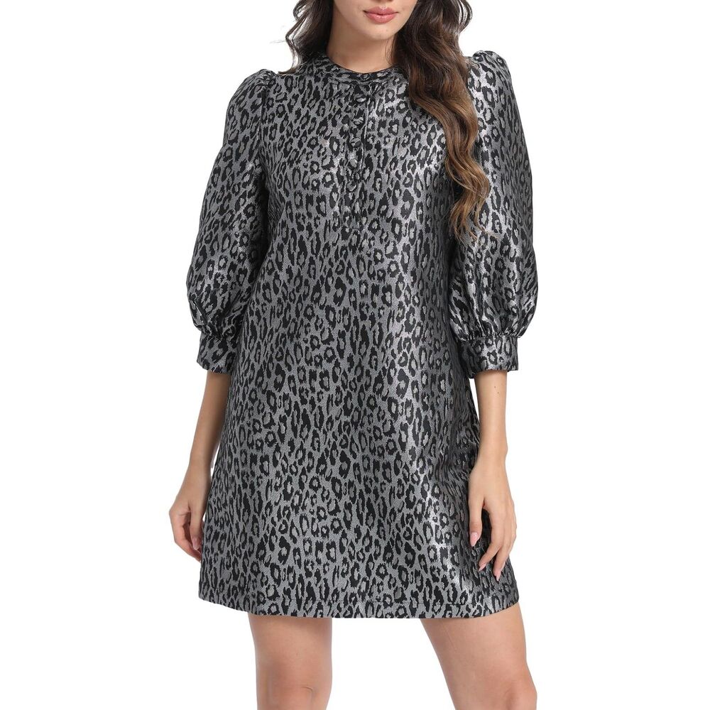 Animal Print Jacquard Mini Shift Dress (Black, L)